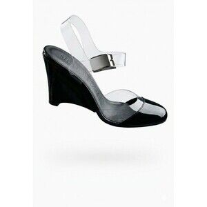Stuart Weitzman Black Patent Lucite Wedge Sandals 8.5 N Narrow Y2K Clear Strap